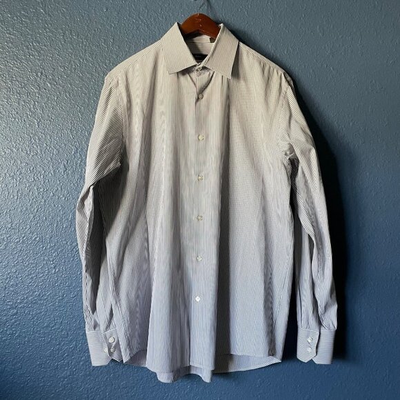 BOSS Hugo Boss Gray Striped Regular Fit Button Up Shirt Men's 16.5 Size 34/35 - Picture 1 of 9